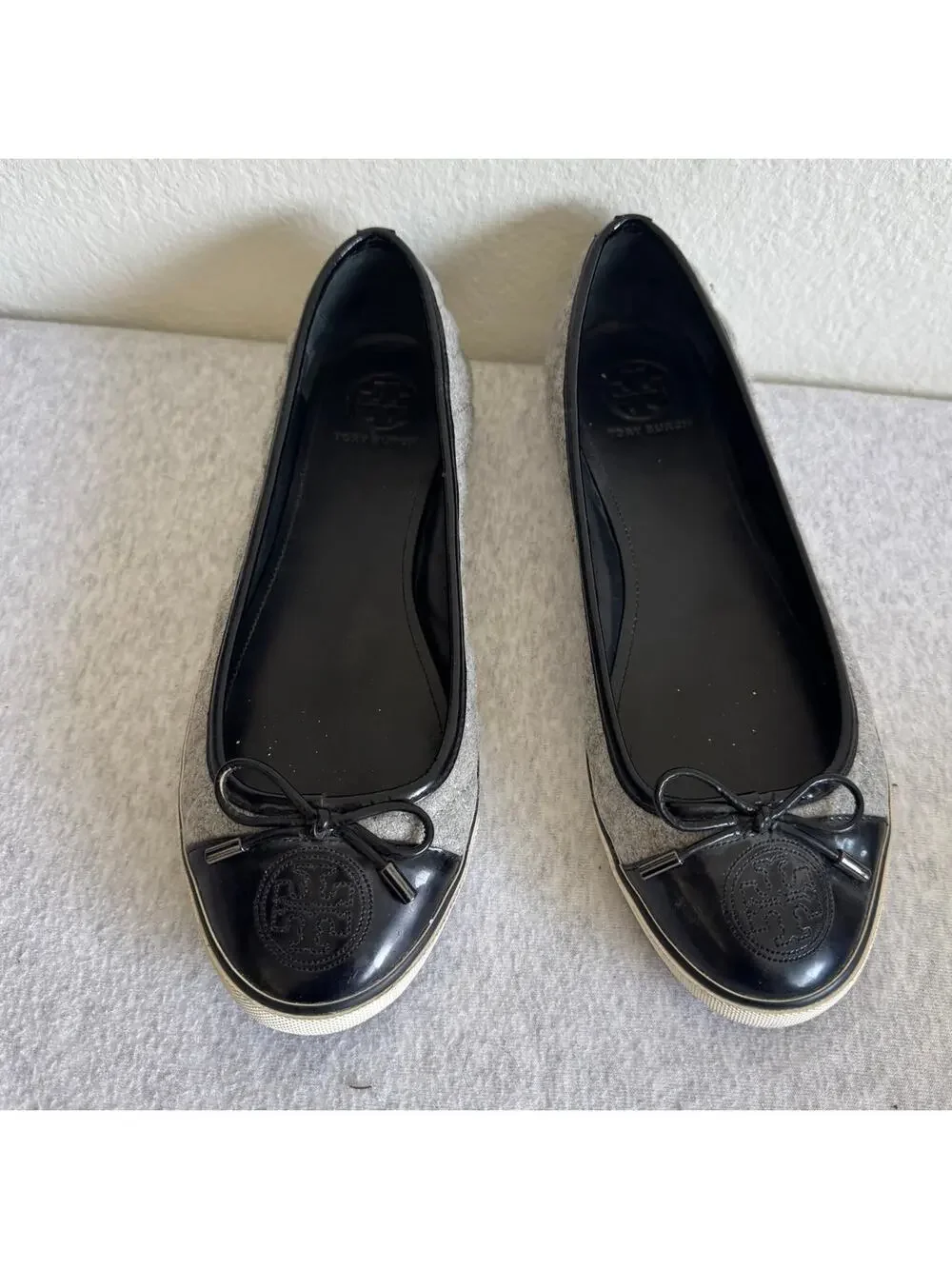 Tory Burch Skyler Grey Quilted Wool and Patent Leather Flats Size 10